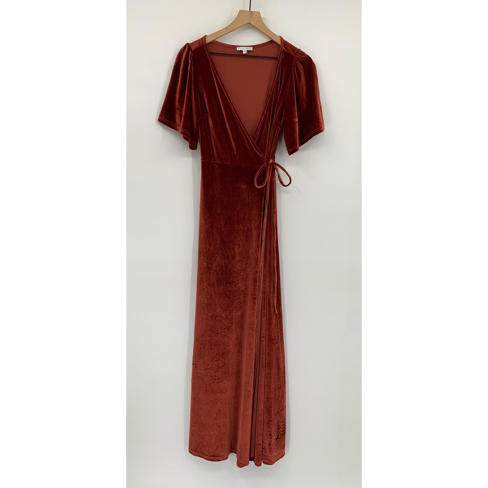 Baltic Born Velvet Wrap Dress Women Small Rust Orange Flutter Sleeve Maxi Formal